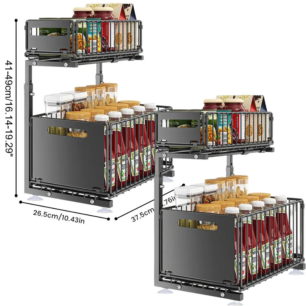 Kitchen Cabinet Organizer Expandable Two-Tier Pull-Out Steel Frame Height-Adjustable