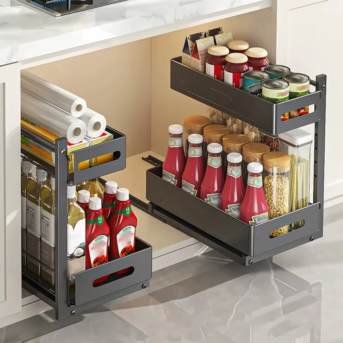 Kitchen Cabinet Organizer Expandable Two-Tier Pull-Out Steel Frame Height-Adjustable