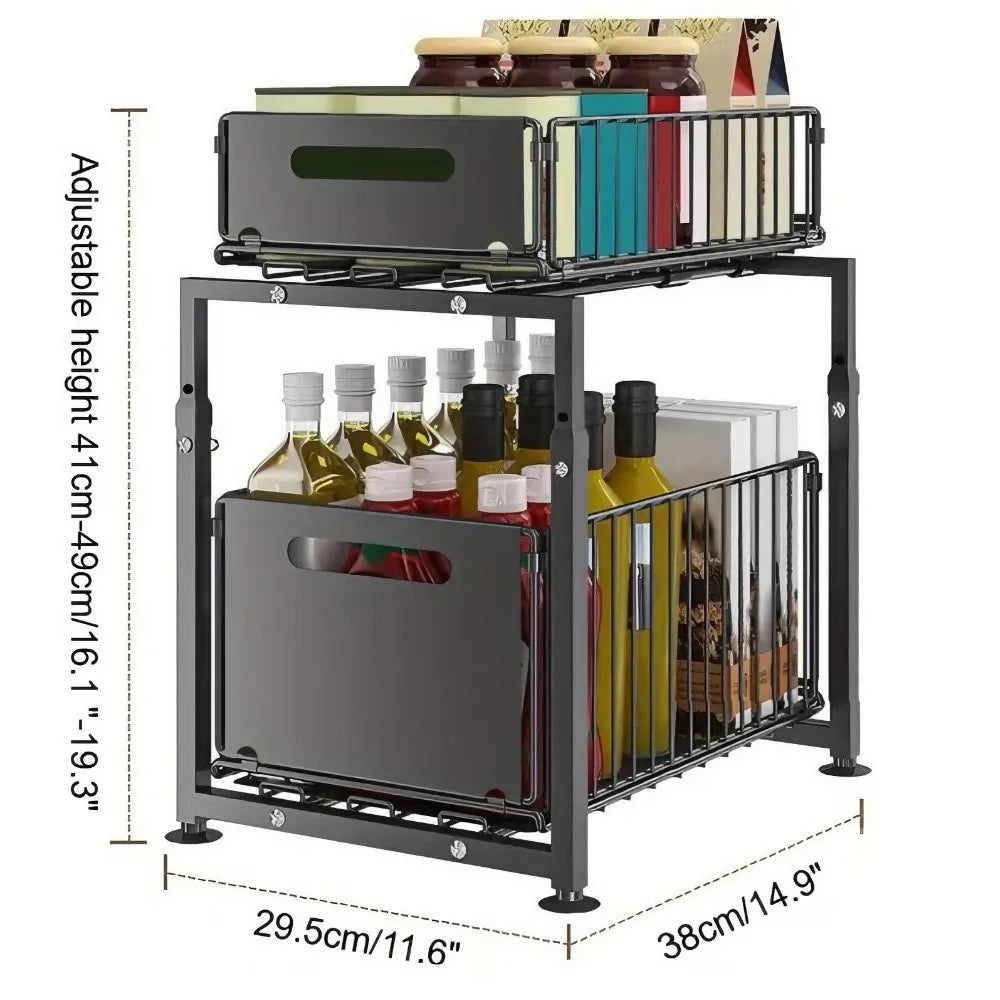 Kitchen Cabinet Organizer Expandable Two-Tier Pull-Out Steel Frame Height-Adjustable