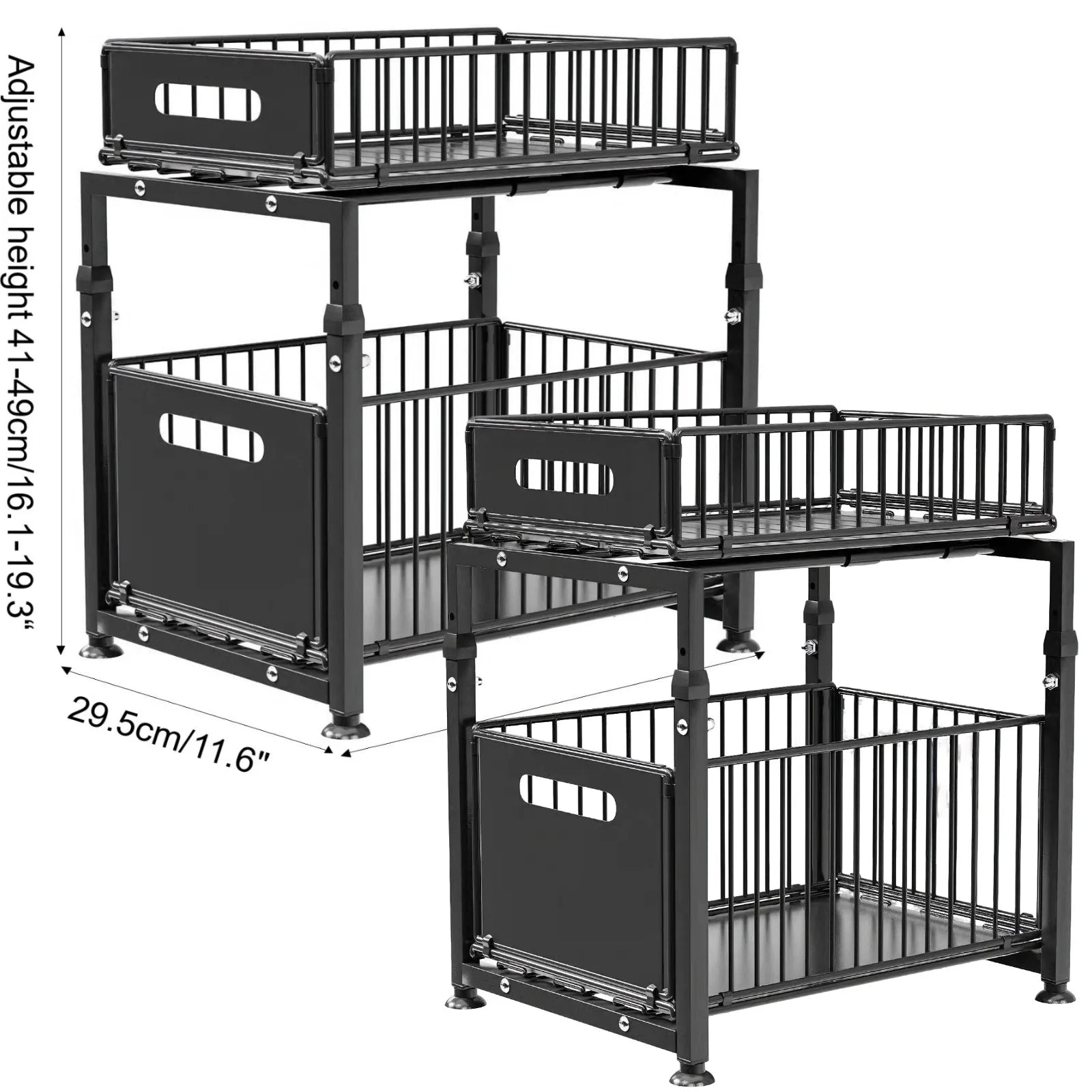 Kitchen Cabinet Organizer Expandable Two-Tier Pull-Out Steel Frame Height-Adjustable