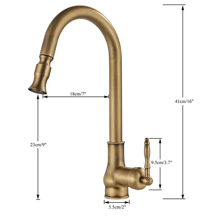 Kitchen Faucet Swivel Gooseneck Pull-Out Single-Lever Antique Brass