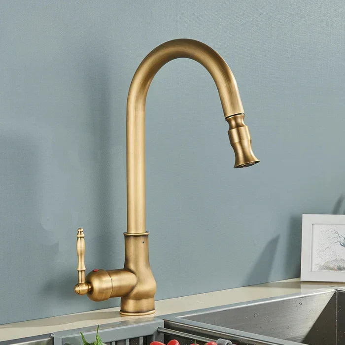 Kitchen Faucet Swivel Gooseneck Pull-Out Single-Lever Antique Brass