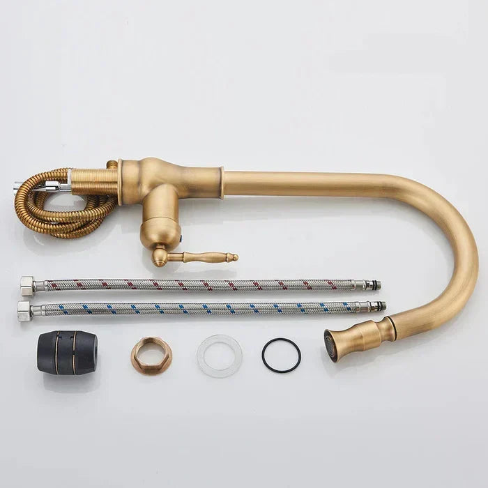 Kitchen Faucet Swivel Gooseneck Pull-Out Single-Lever Antique Brass