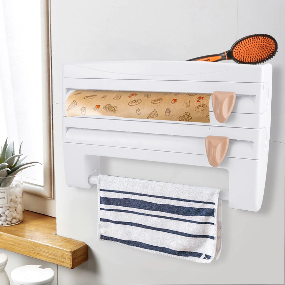 Kitchen Film & Towel Organizer Wall-Mounted Space-Saving Built-In Cutters