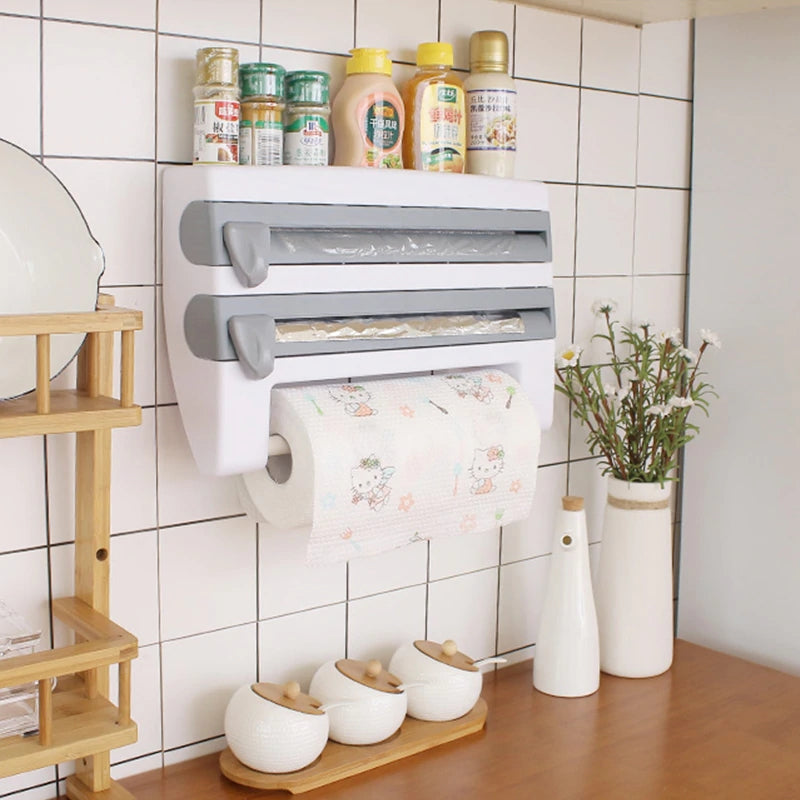 Kitchen Film & Towel Organizer Wall-Mounted Space-Saving Built-In Cutters