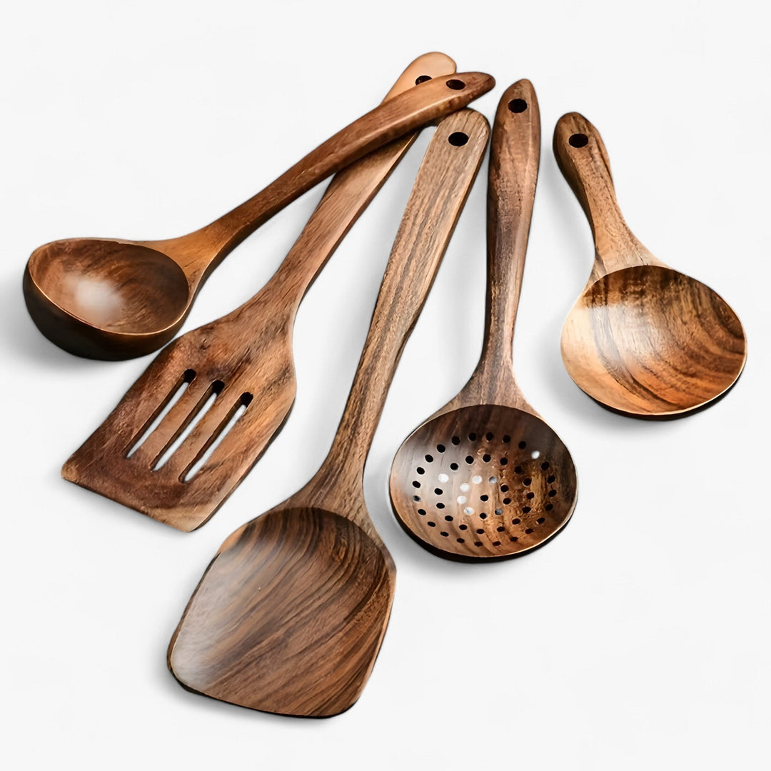 Kitchen Utensil Set Food-Safe Hardwood & Stainless Steel Whisk