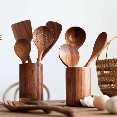 Kitchen Utensil Set Solid Teak Heat-Resistant Scratch-Free
