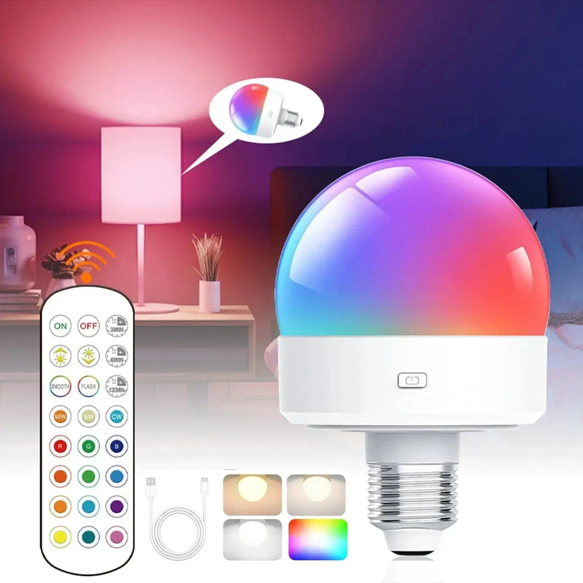 LED Bulb USB Rechargeable RGB E27 Remote & Dimmable