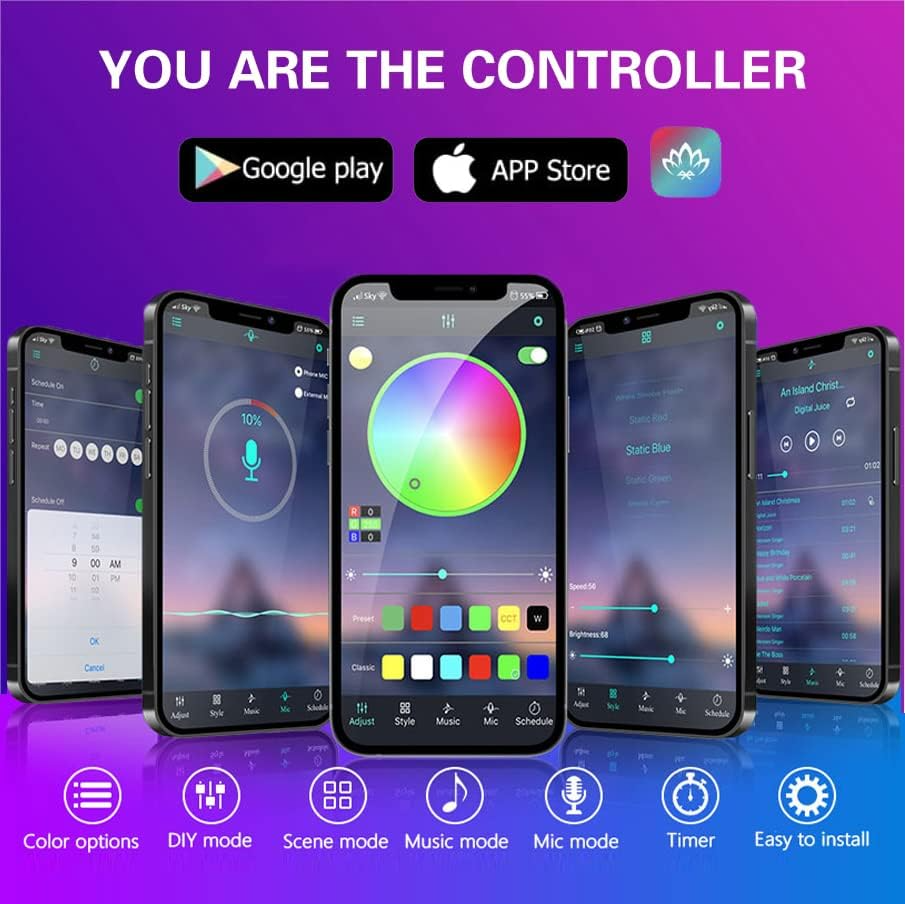 LED Interior Light Strips App-Controlled RGB Self-Adhesive