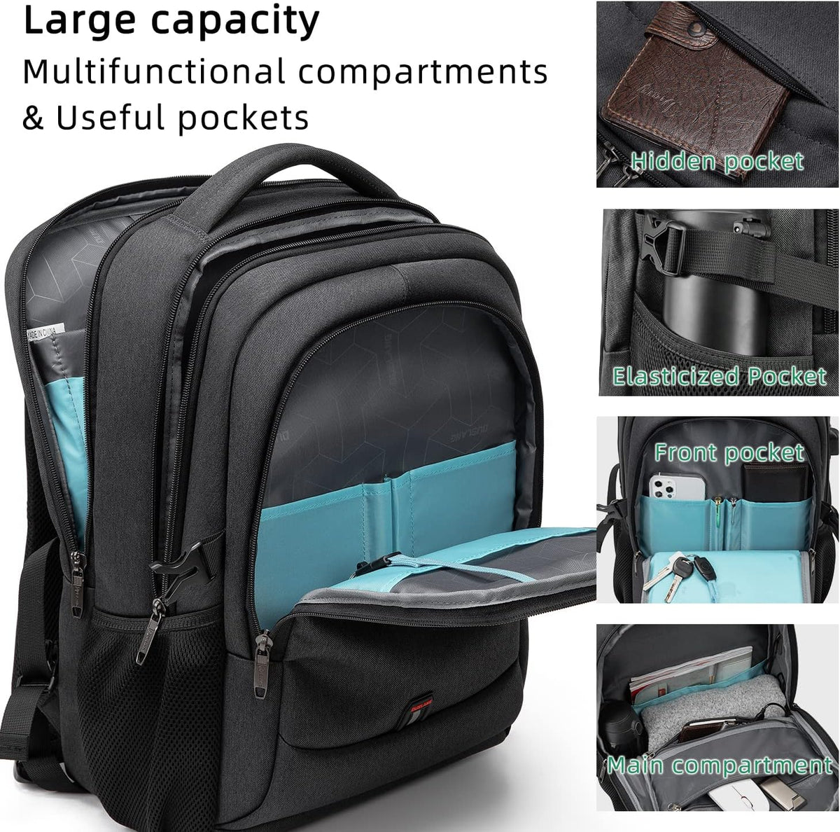 Laptop Backpack Hidden Anti-Theft Pocket Built-In USB Water-Resistant Polyester