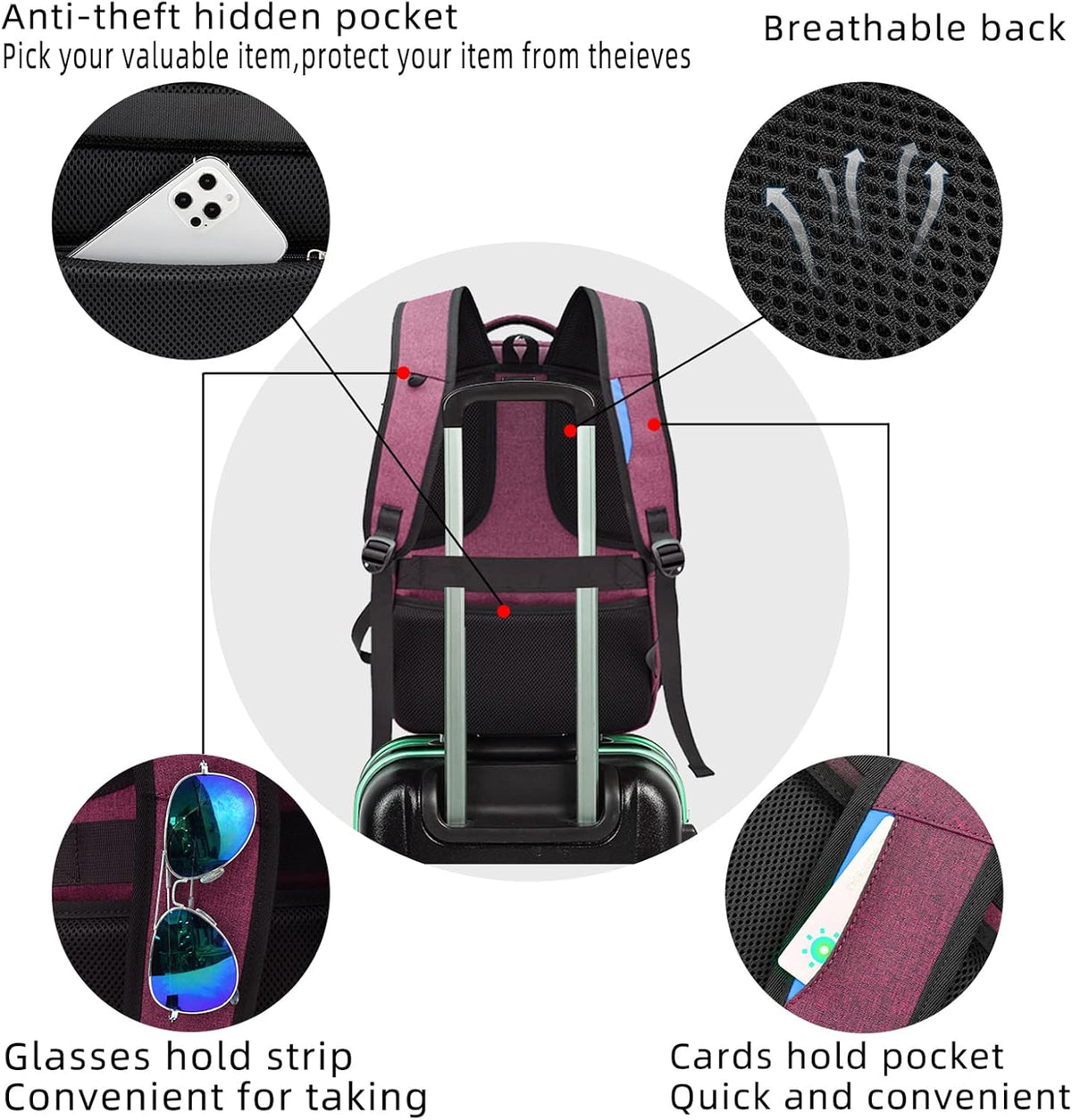 Laptop Backpack Hidden Anti-Theft Pocket Built-In USB Water-Resistant Polyester