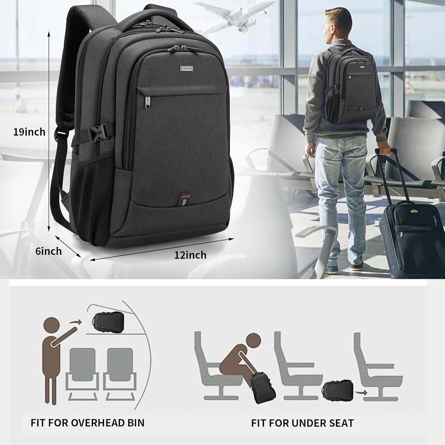 Laptop Backpack Hidden Anti-Theft Pocket Built-In USB Water-Resistant Polyester