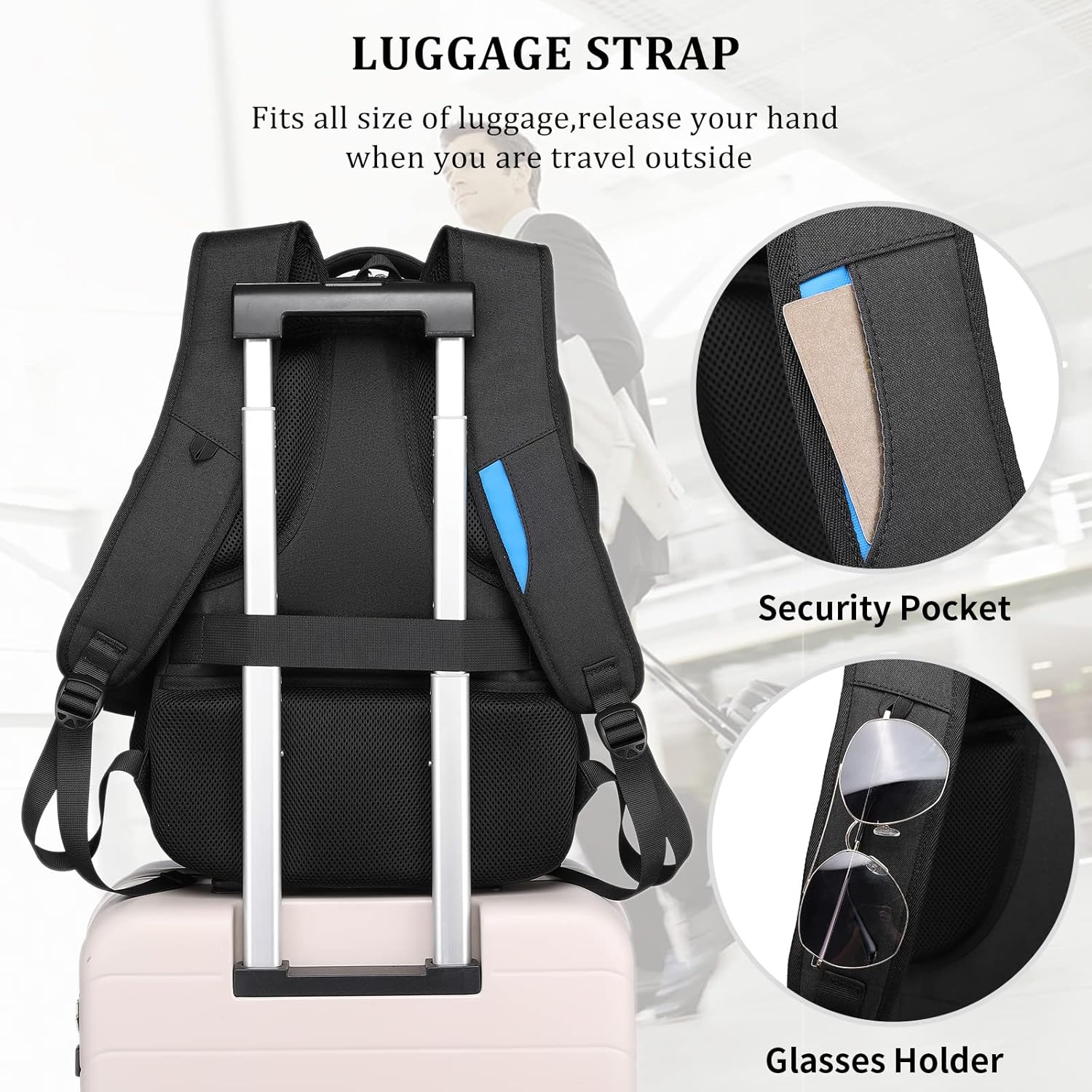 Laptop Backpack Hidden Anti-Theft Pocket Built-In USB Water-Resistant Polyester