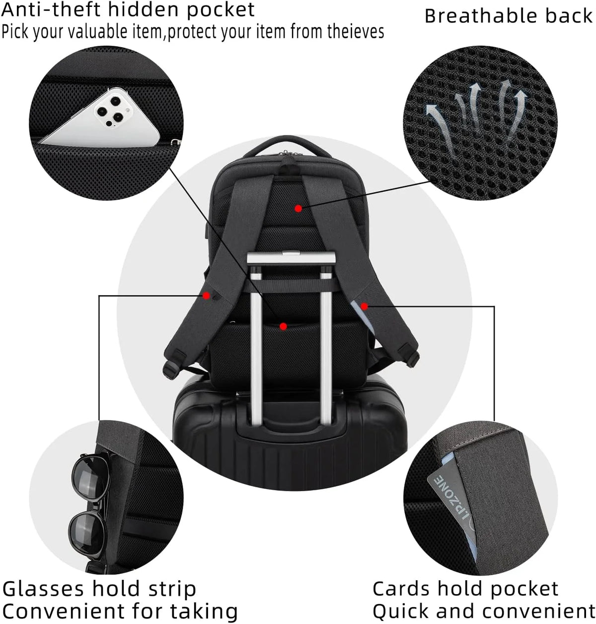 Laptop Backpack Hidden Anti-Theft Pocket Built-In USB Water-Resistant Polyester