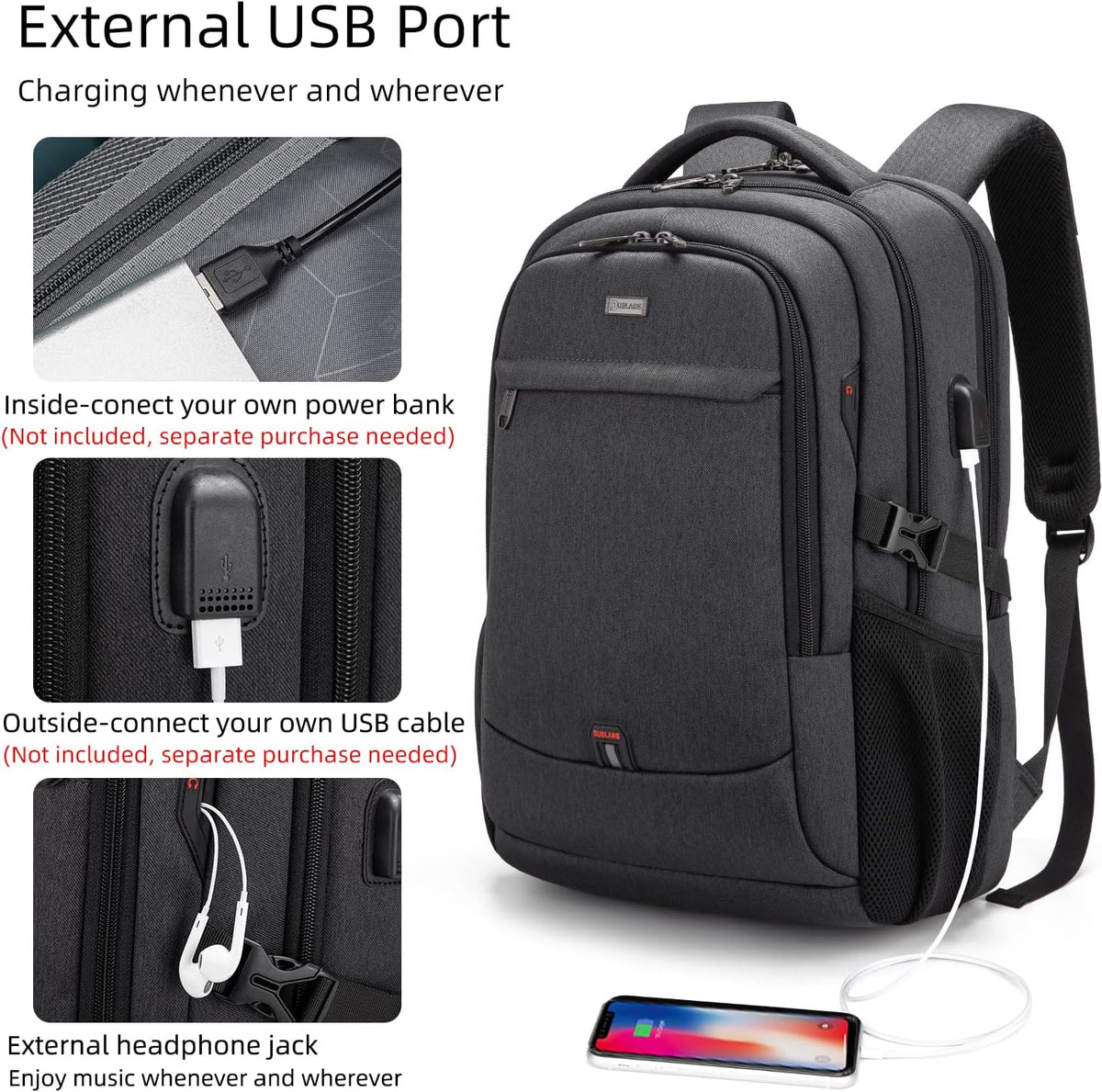 Laptop Backpack Hidden Anti-Theft Pocket Built-In USB Water-Resistant Polyester