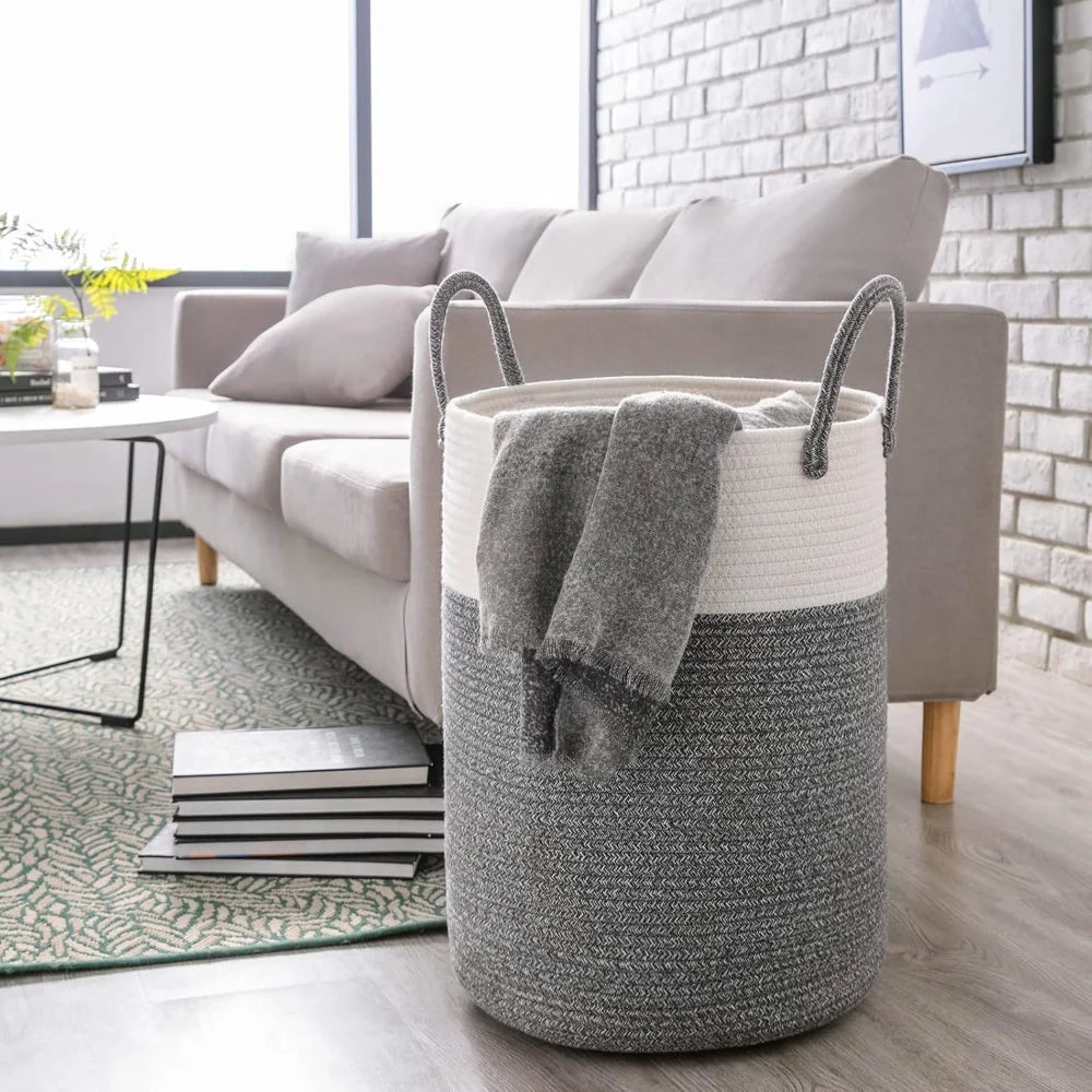 Laundry Basket Extra-Tall Cotton Rope Reinforced Handles