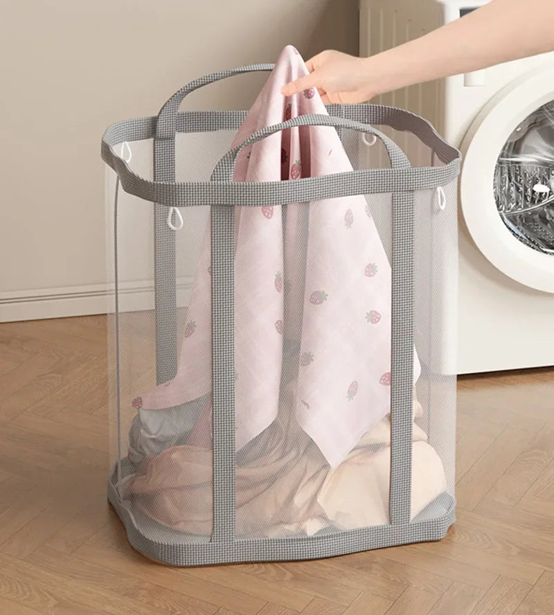 Laundry Basket Foldable Breathable Mesh With Sturdy Handles