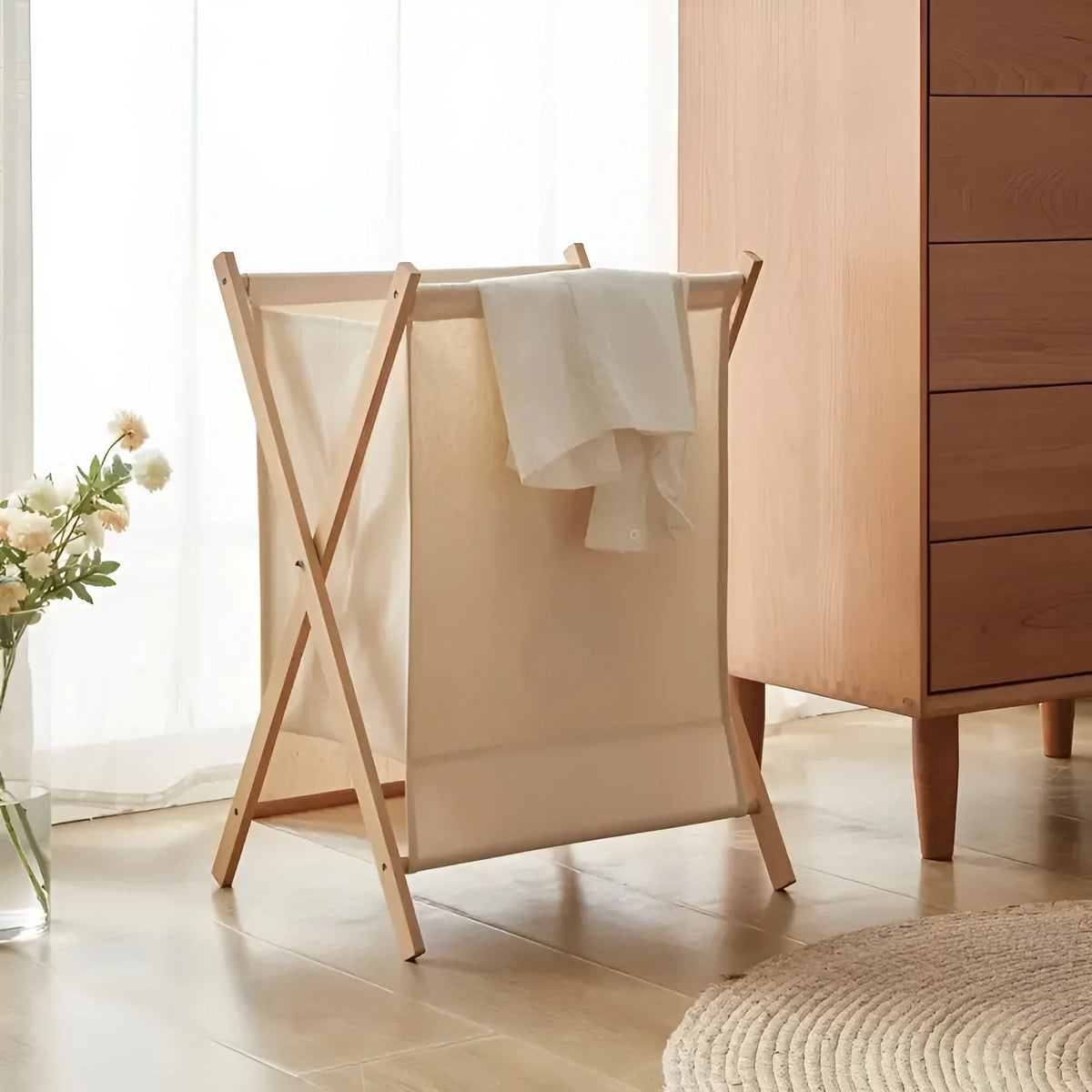 Laundry Basket Foldable Solid Wood Removable Washable Fabric Bag
