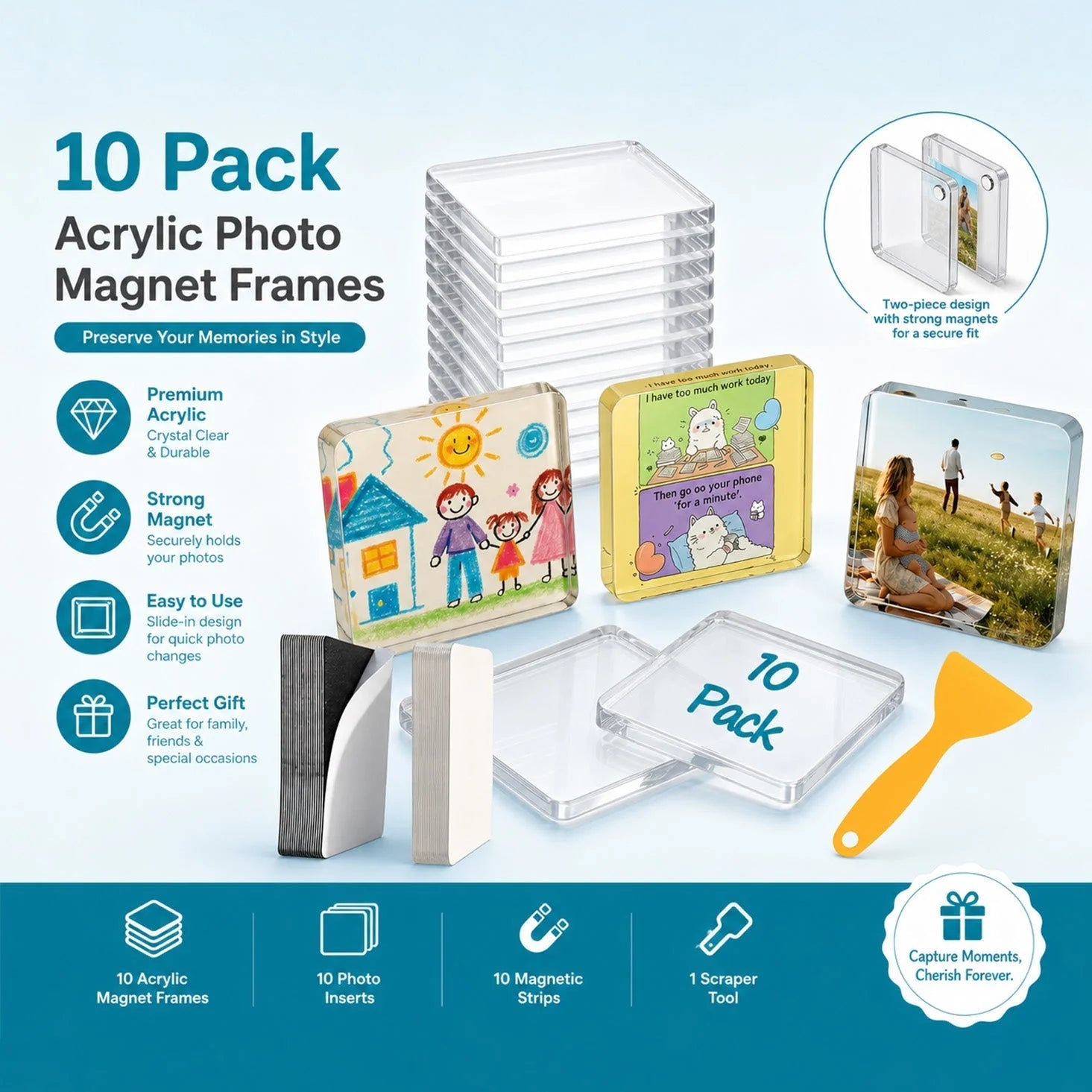 Magnetic Photo Frame Crystal-Clear Acrylic & Peel-And-Stick