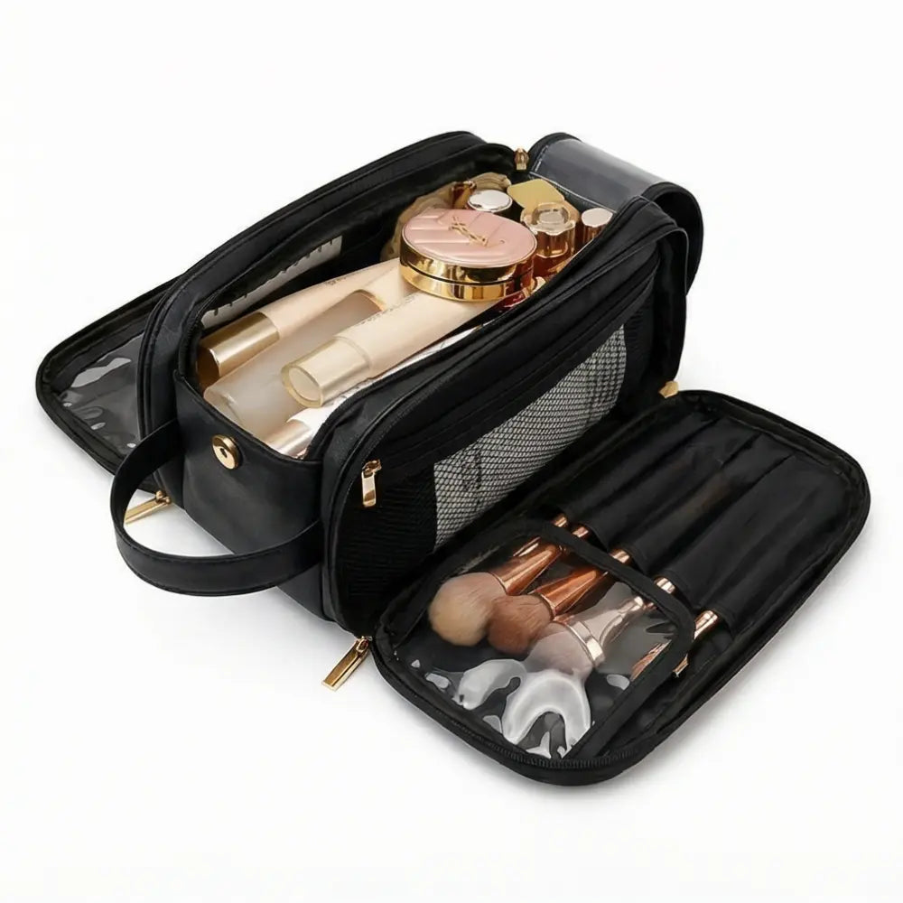 Makeup Bag Flat Fold Dual Zip Integrated Brush Protectors
