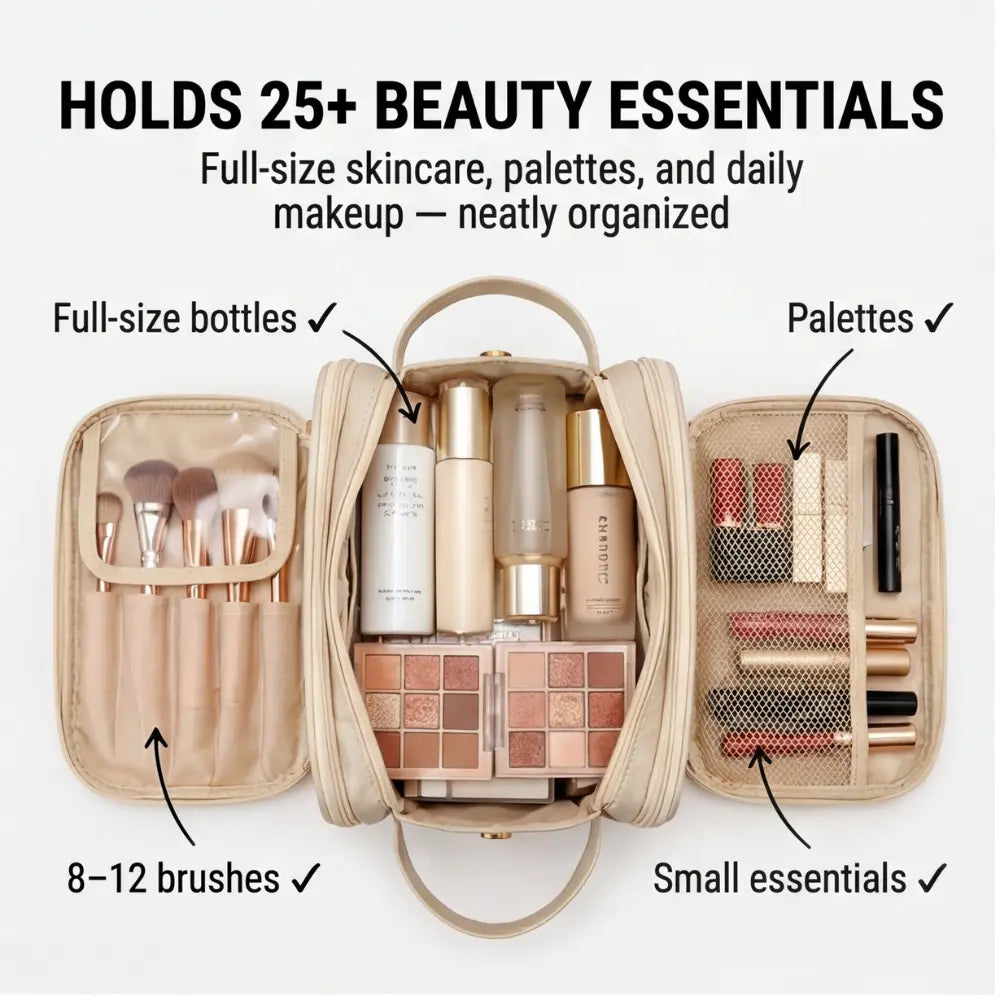 Makeup Bag Flat Fold Dual Zip Integrated Brush Protectors