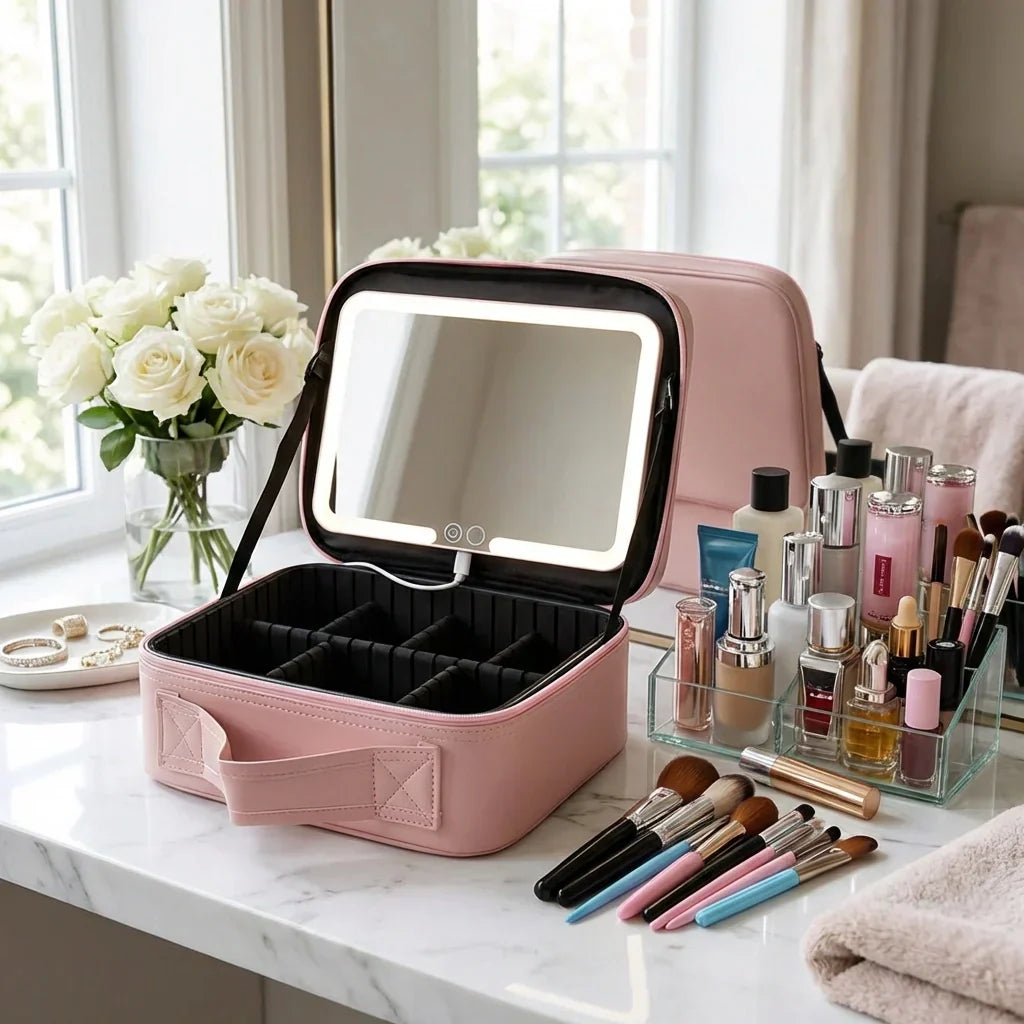 Makeup Case Touch-Sensor LED Mirror USB Rechargeable Adjustable Dividers