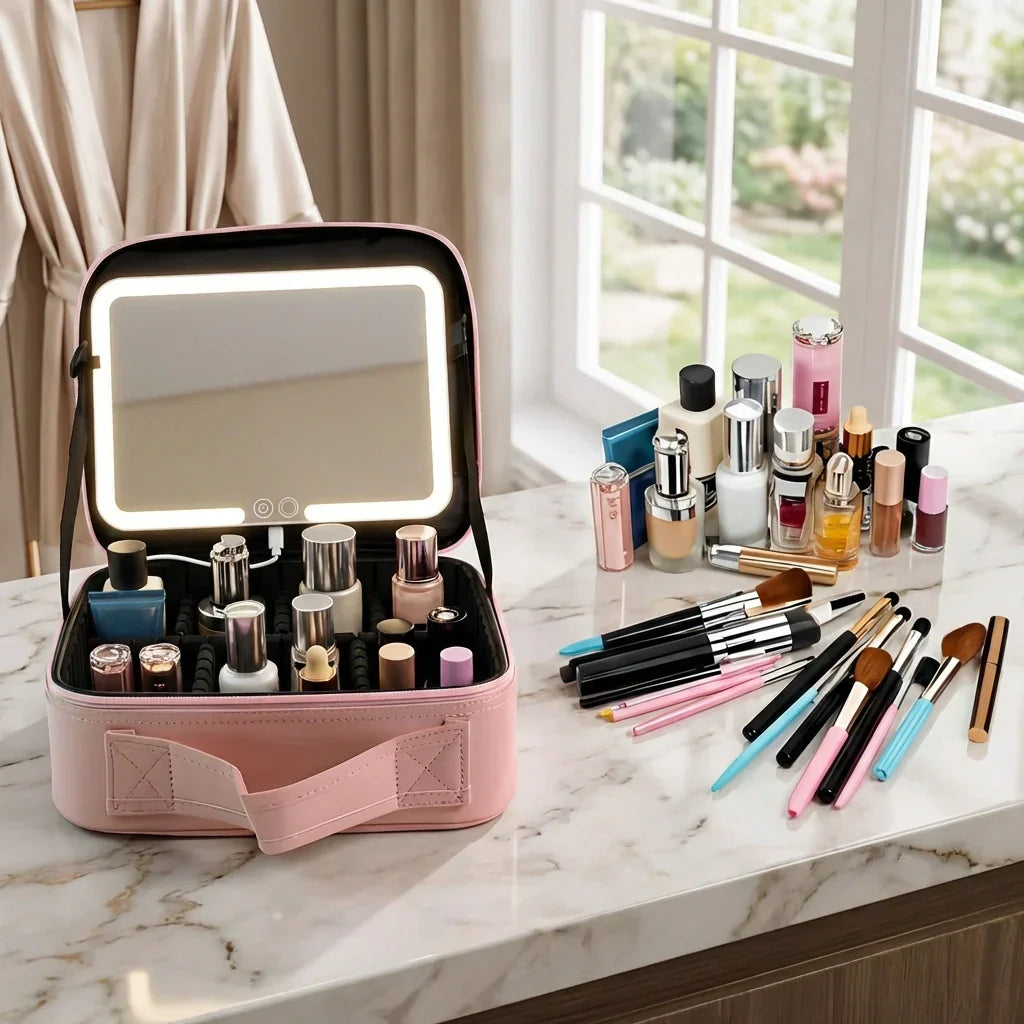 Makeup Case Touch-Sensor LED Mirror USB Rechargeable Adjustable Dividers