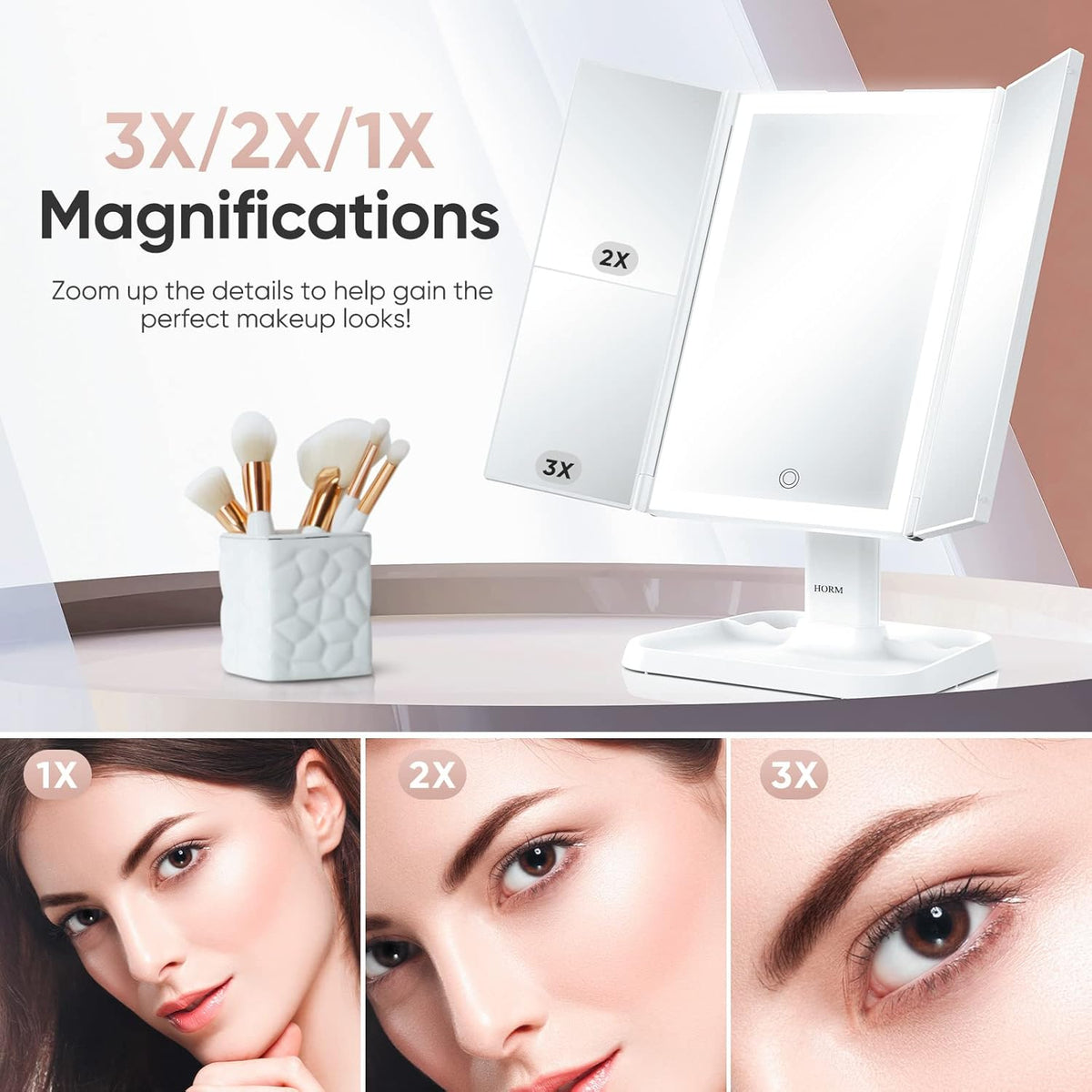 Makeup Mirror Foldable Tri-Color LED USB-C Rechargeable