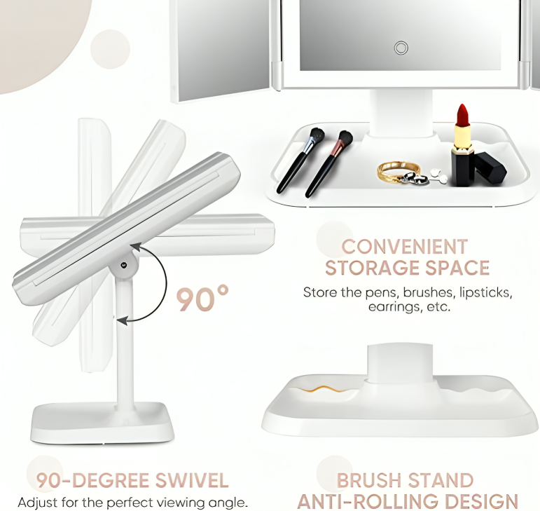 Makeup Mirror Foldable Tri-Color LED USB-C Rechargeable