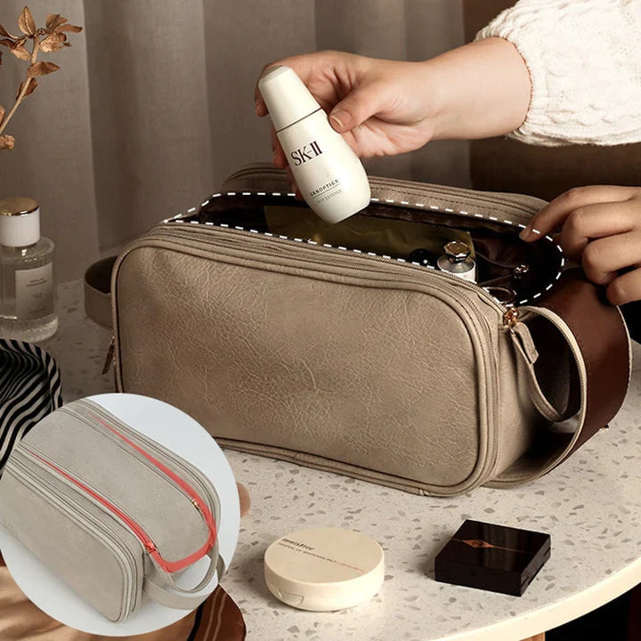 Makeup Organizer Bag Leather Clear Pockets & Adjustable Dividers