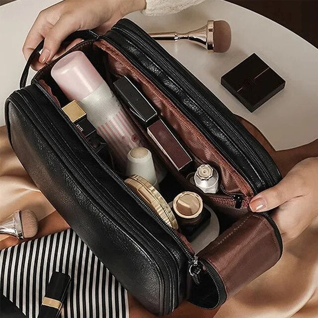 Makeup Organizer Bag Leather Clear Pockets & Adjustable Dividers