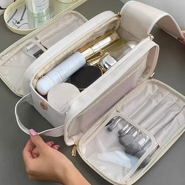 Makeup Organizer Bag Leather Clear Pockets & Adjustable Dividers