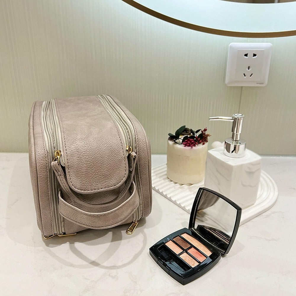 Makeup Organizer Bag Leather Clear Pockets & Adjustable Dividers