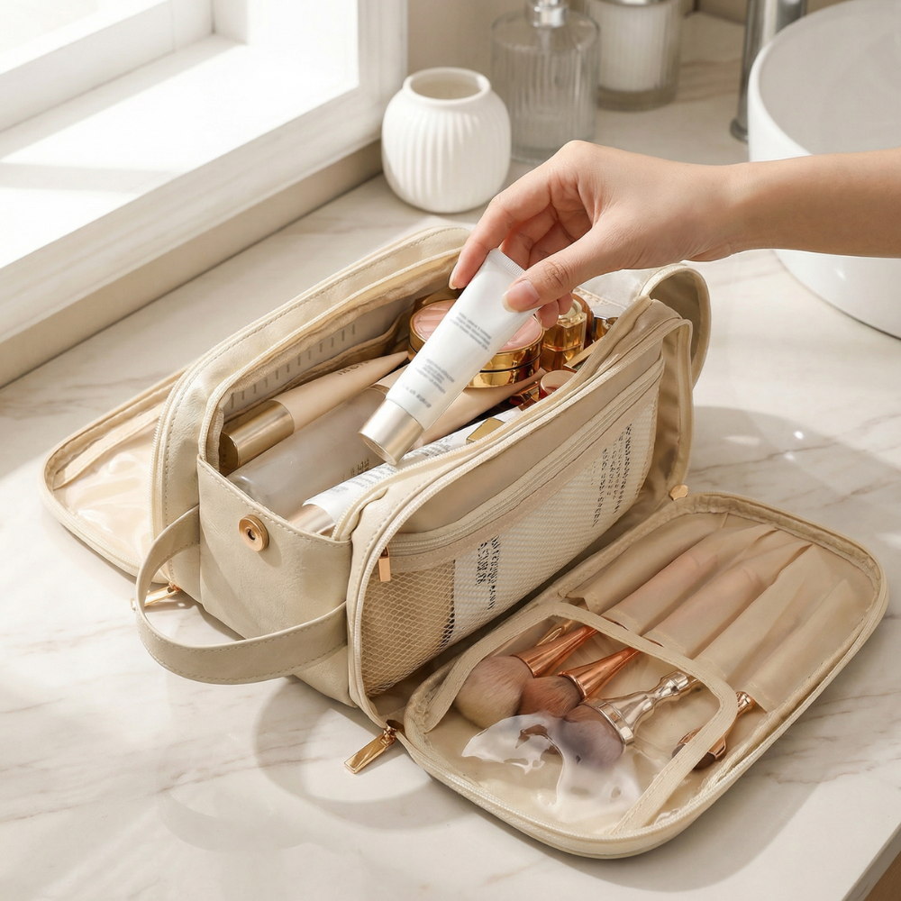 Makeup Organizer Flat-Folding Dual-Zip Integrated Brush Protectors