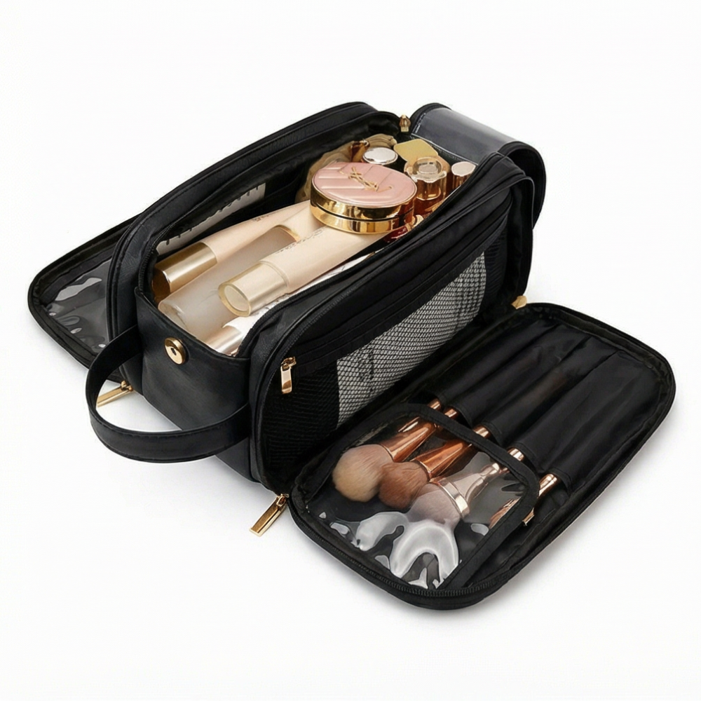 Makeup Organizer Flat-Folding Dual-Zip Integrated Brush Protectors