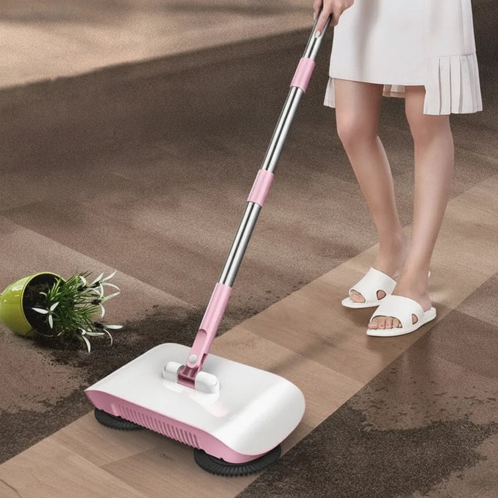Manual Floor Sweeper Adjustable Handle & Soft Brush Roller