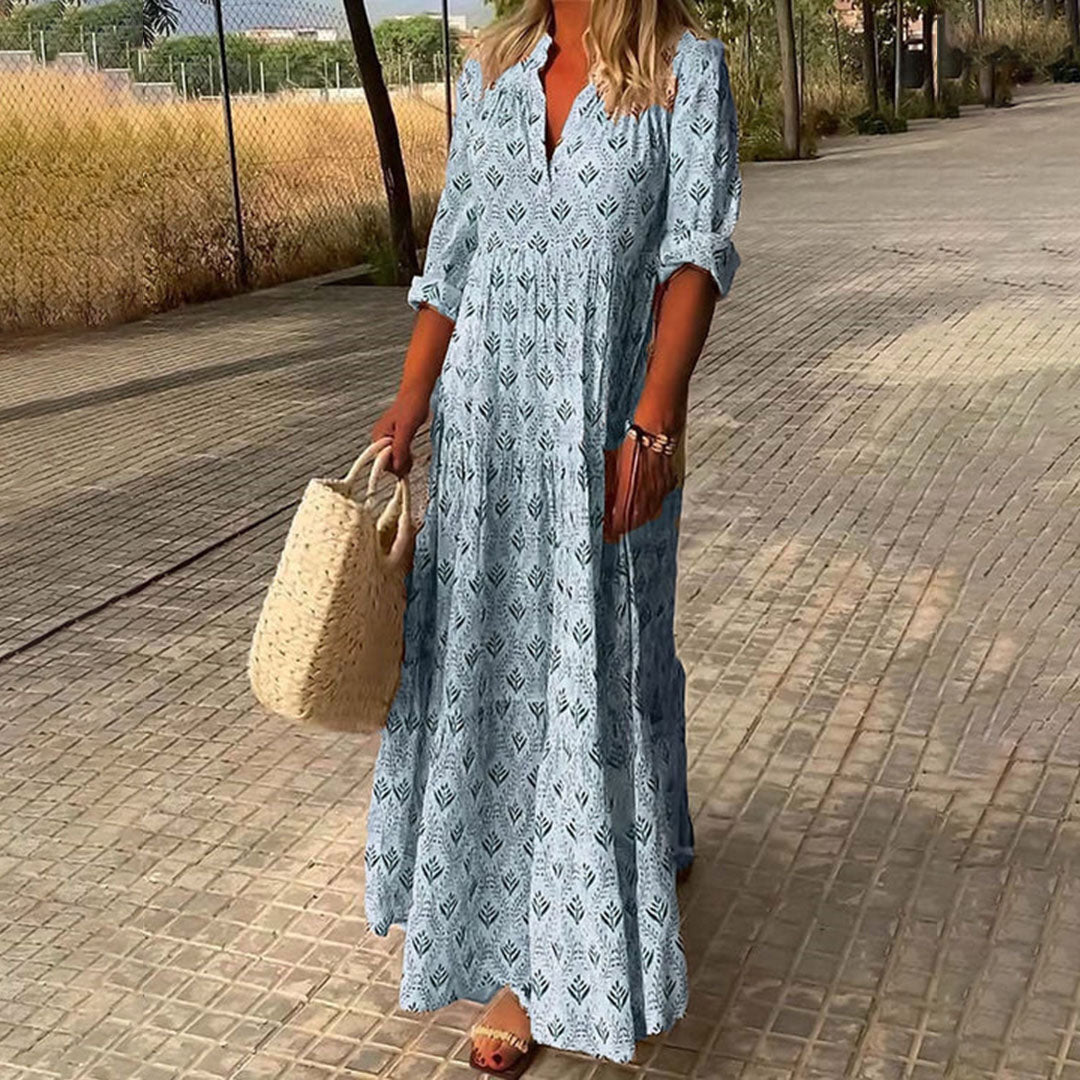 Maxi Dress Boho Floral Ruffle Hem Lightweight Polyester
