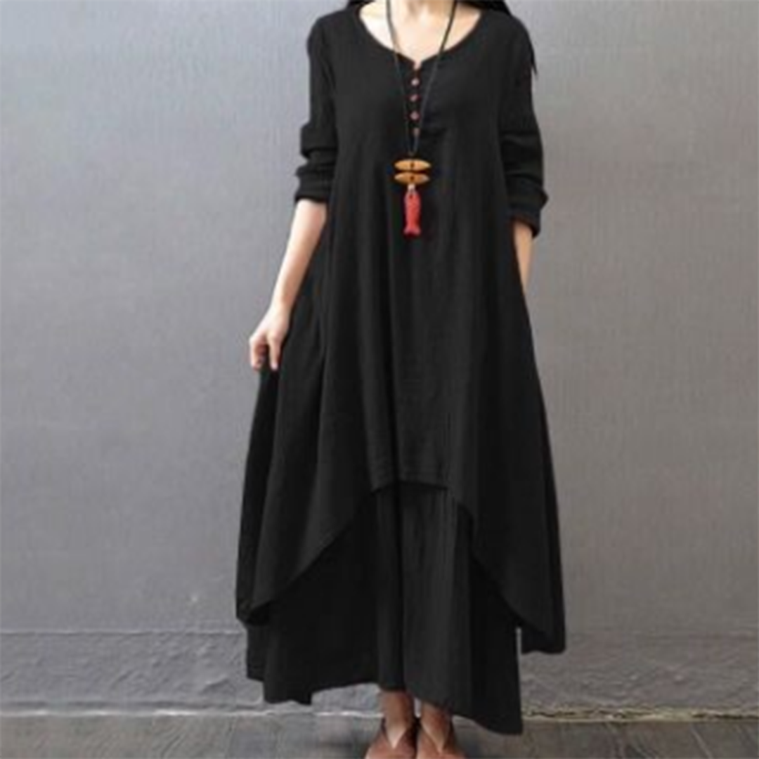 Maxi Dress Cotton-Linen Tiered Loose Fit