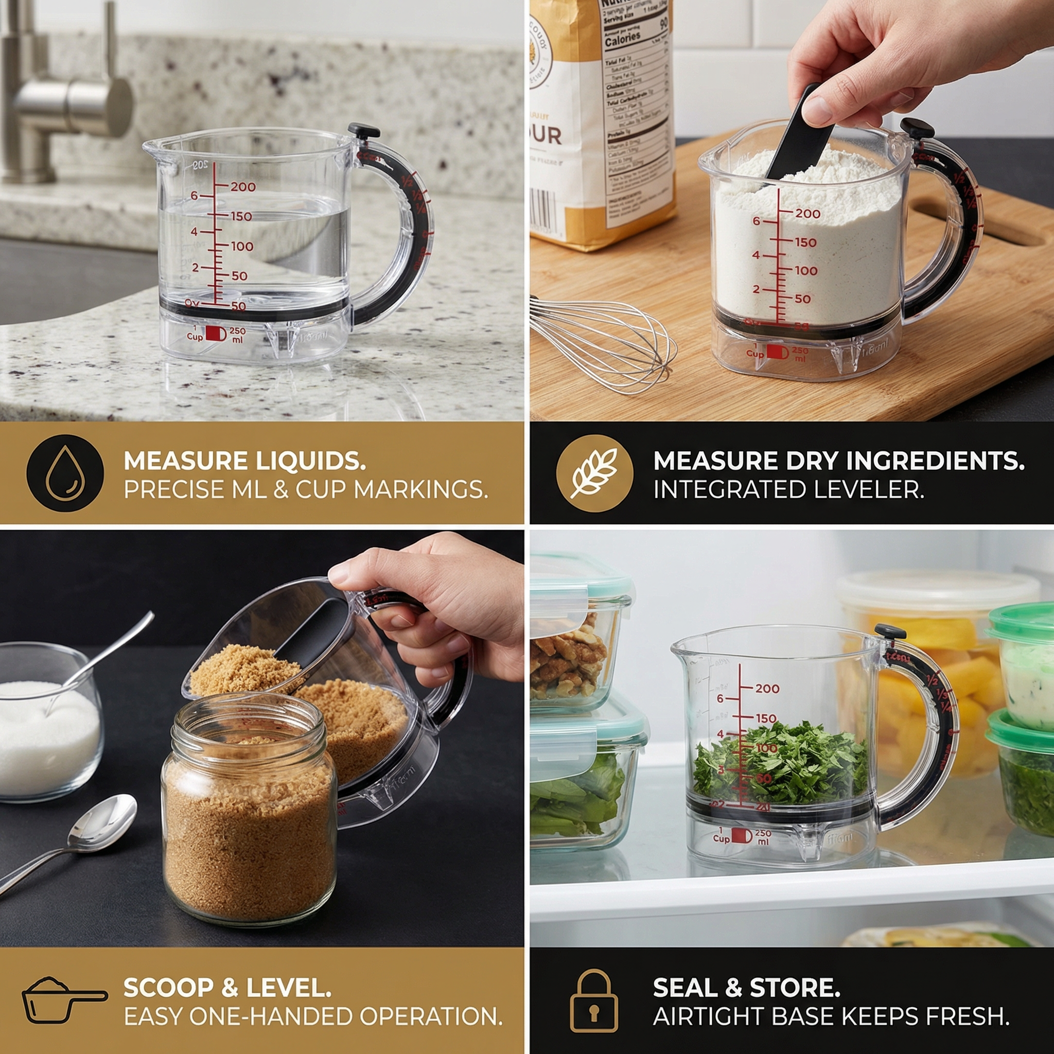 Measuring Cup Adjustable System Integrated Scraper & Non-Slip Base