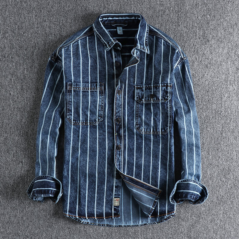 Men's Denim Shirt Striped Lightly Washed Modern Fit