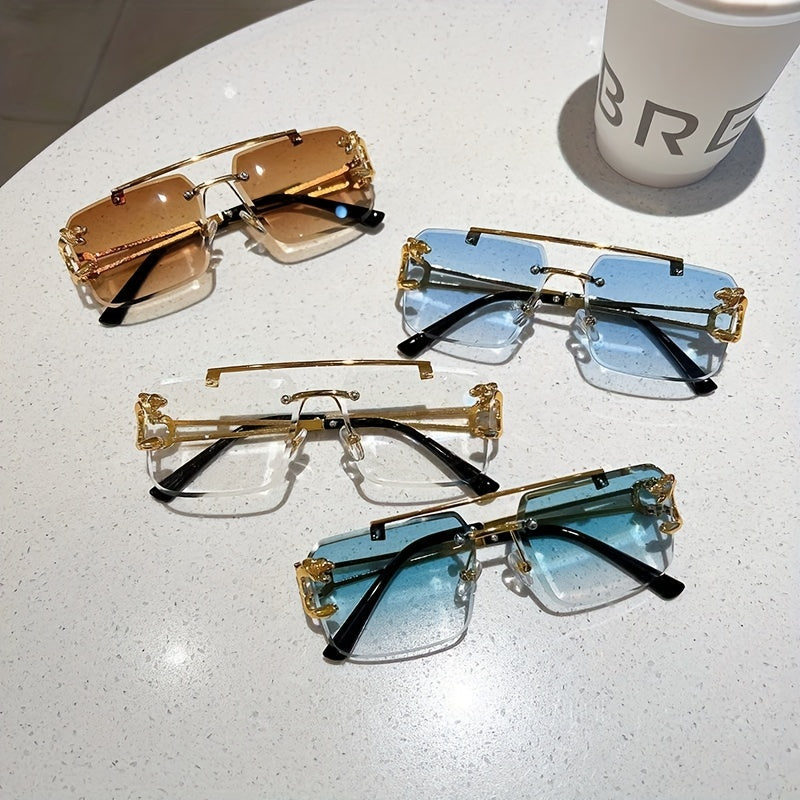 Men's Sunglasses Rimless Square UV400 Gold Tiger Temples