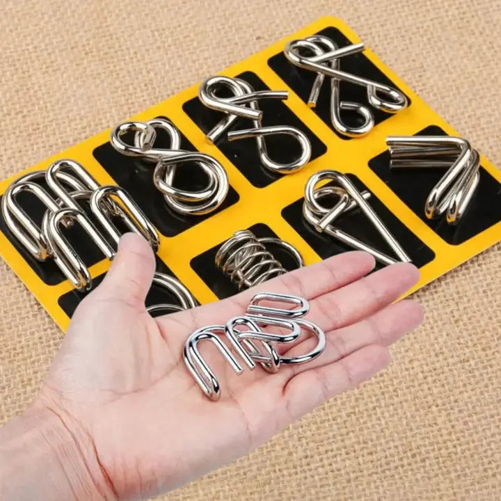 Metal Puzzle Set Interlocking Nickel-Plated 8-Piece