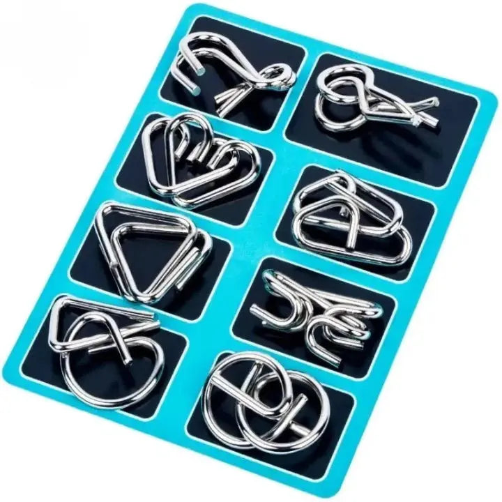 Metal Puzzle Set Interlocking Nickel-Plated 8-Piece