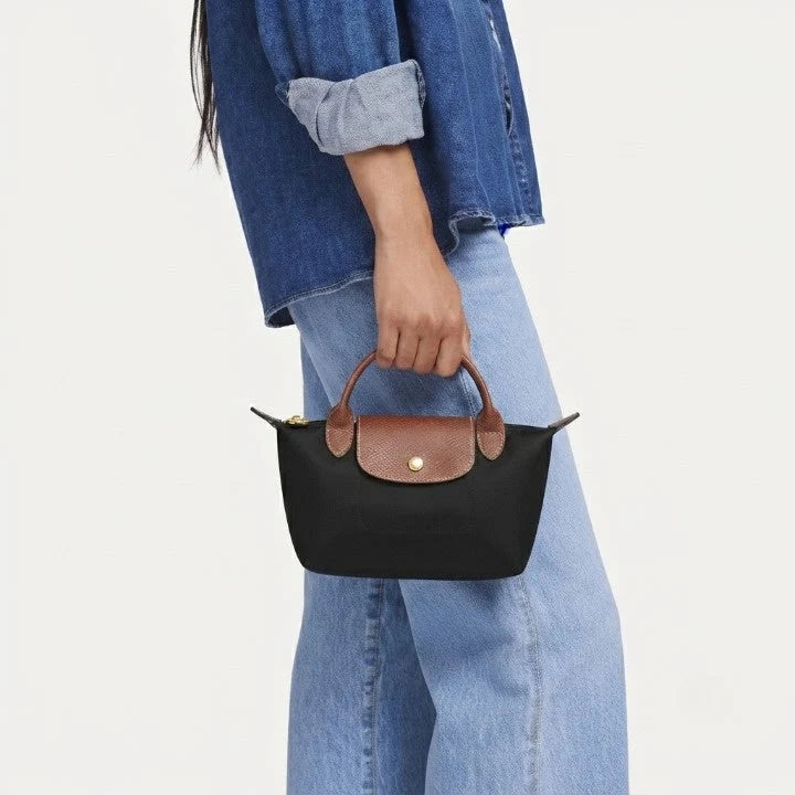 Mini Handbag Leather Trim & Gold Clasp Removable Strap
