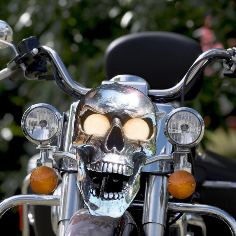 Motorcycle Headlight Skull Design Glowing LED Eyes Chrome-Plated Metal