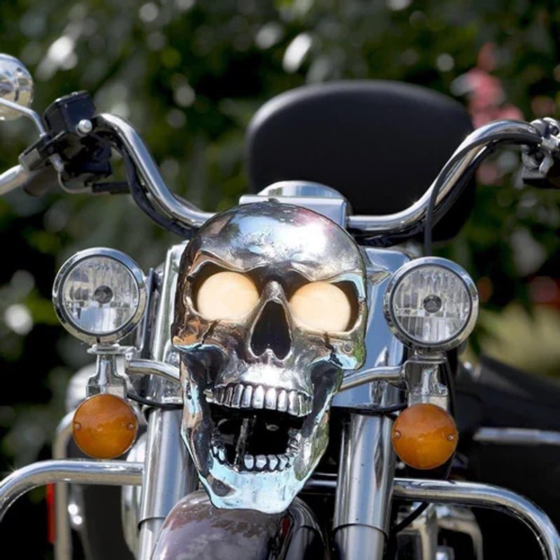 Motorcycle Headlight Skull Design Glowing LED Eyes Chrome-Plated Metal
