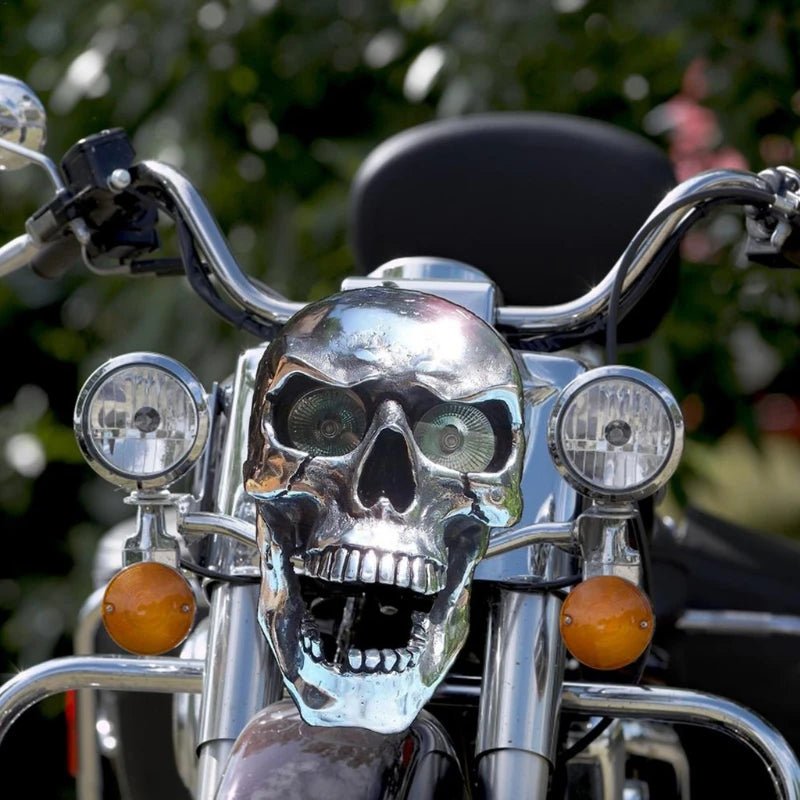 Motorcycle Headlight Skull Design Glowing LED Eyes Chrome-Plated Metal