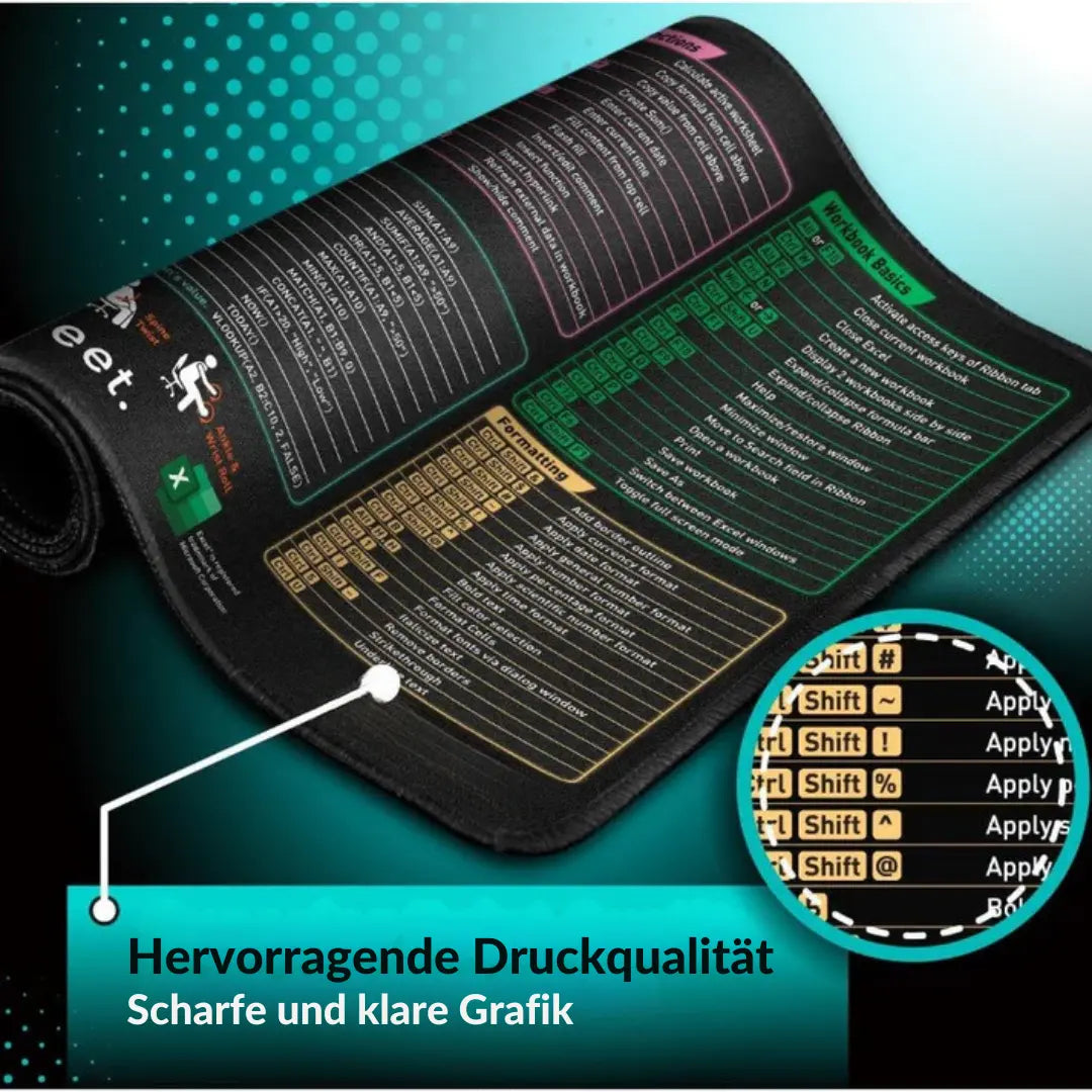Mousepad XL Excel Shortcuts Polyester Surface & Non-Slip Base