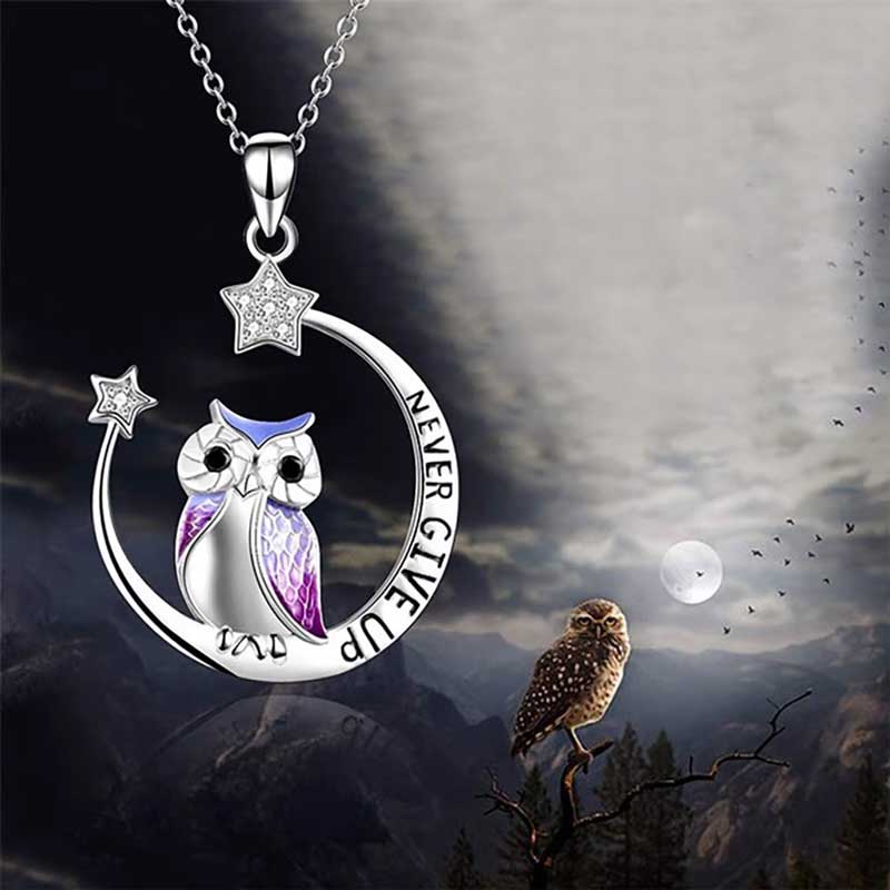 Necklace Owl Moon & Stars Engraved Never Give Up