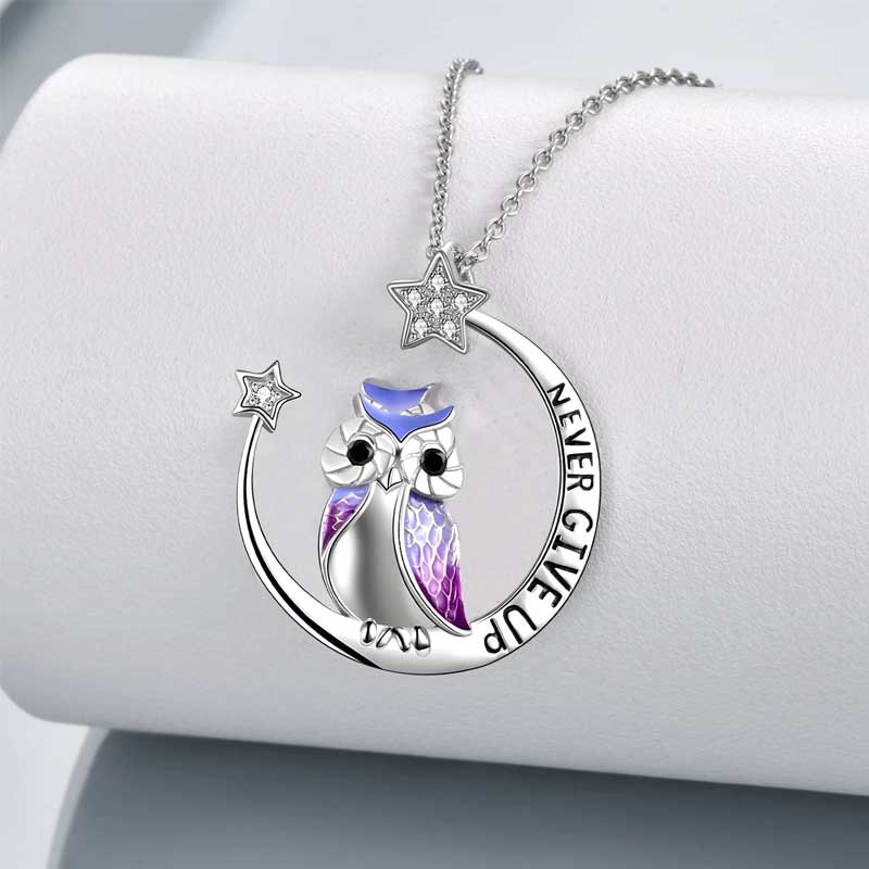 Necklace Owl Moon & Stars Engraved Never Give Up